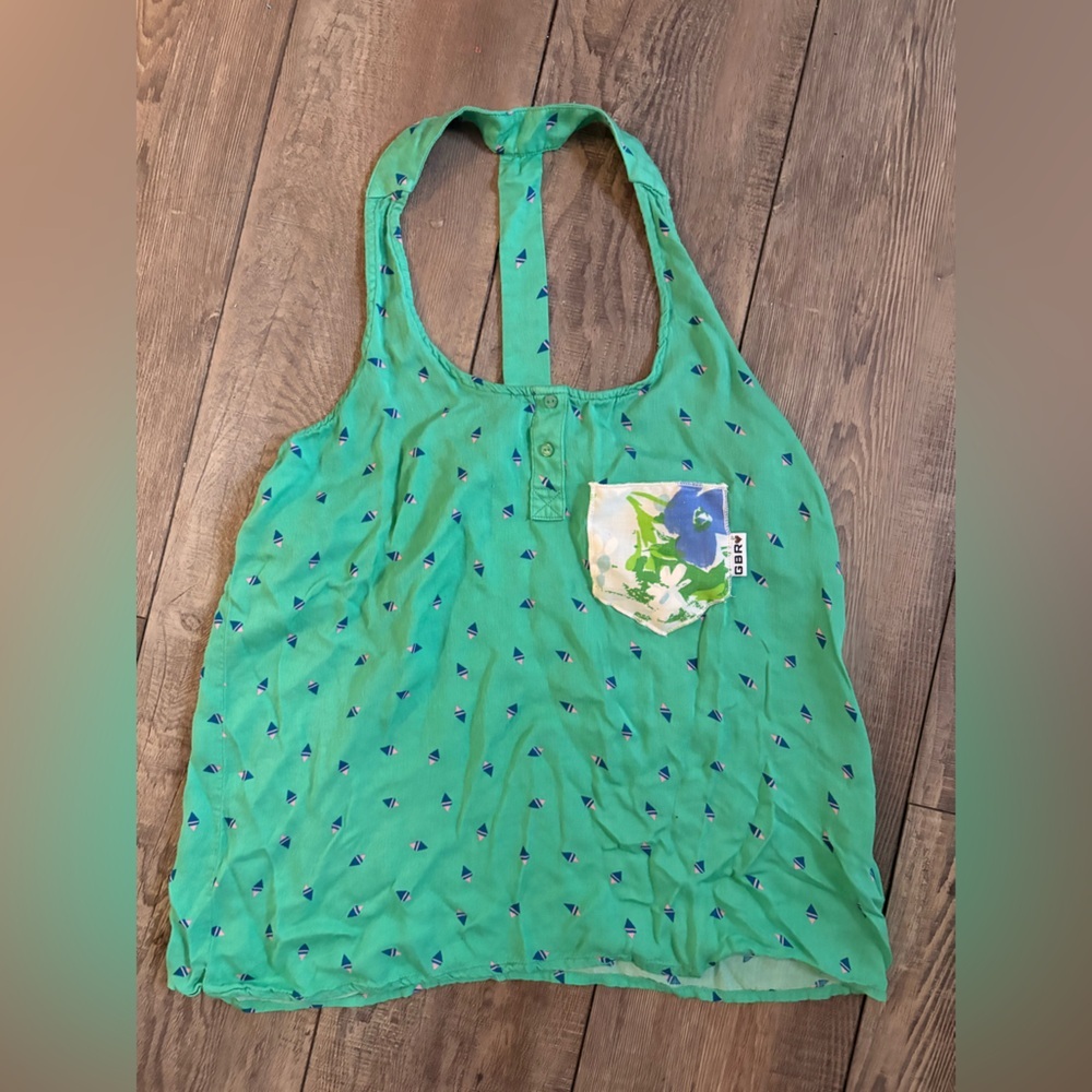 GBR -Women’s size SM -  loose Green Tank Top with Floral Pocket
